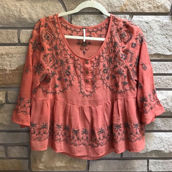 Free People Pennies Sequel Embroidered Top coral Peach small boho sheer - Picture 2 of 9